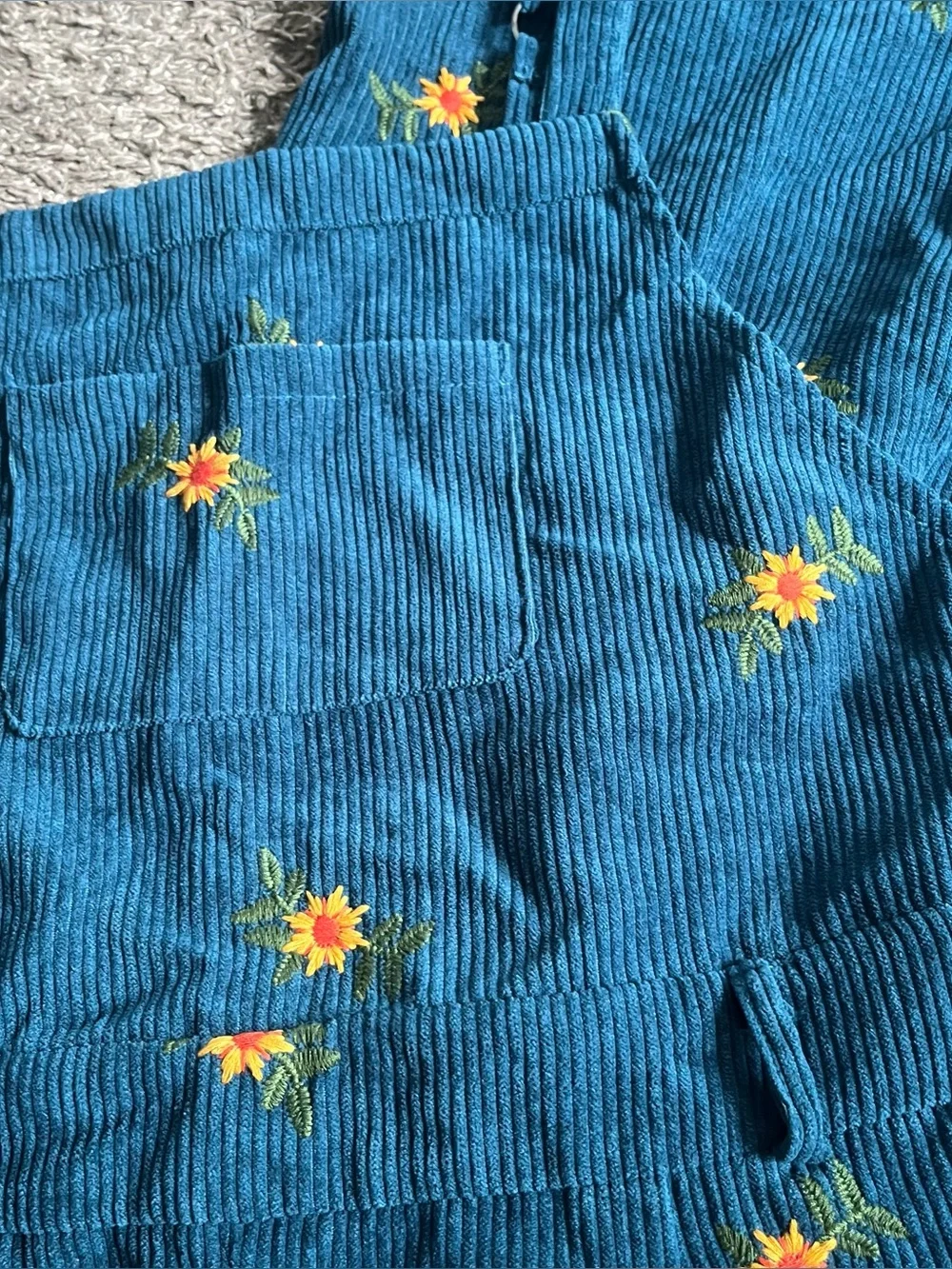 Women's Sunflower Embroidered Corduroy Overalls Teal  Medium Boho Wide Leg - Picture 2 of 7